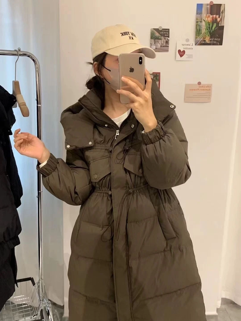 雪中飞羽绒服女2023年新款连帽中长款韩版宽松加厚收腰显瘦白鸭绒