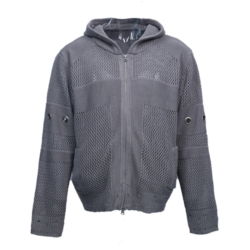 treclub挑孔虫洞定制镂空纹理连帽宽松长袖针织开衫毛衣透气户外