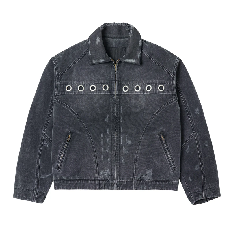 treclub水洗做旧破坏秋季新款底特律风美式男女牛仔机车夹克外套