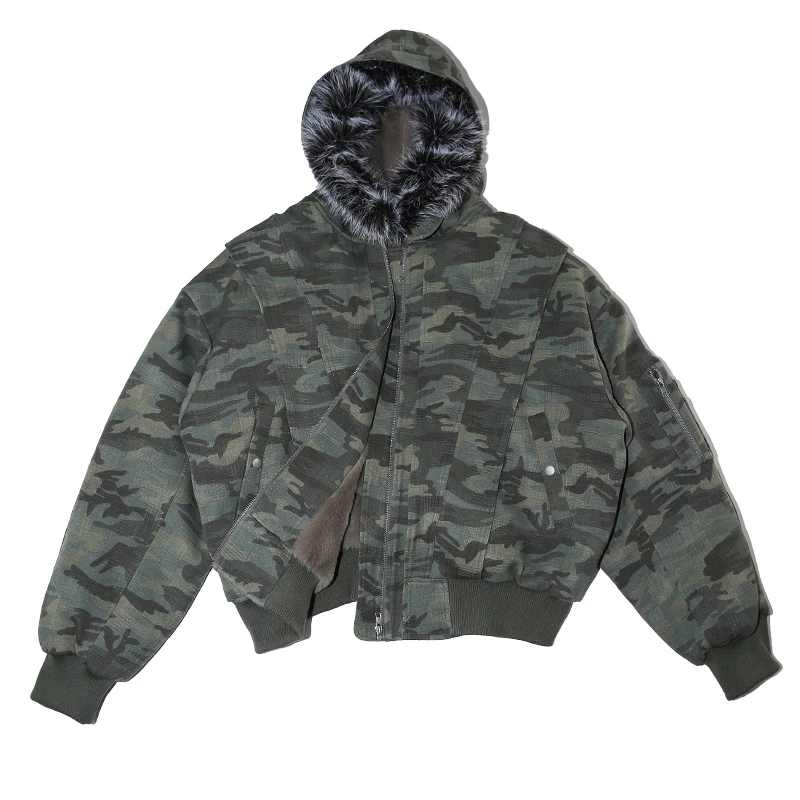 treclub24AW 迷彩座山雕加绒加厚毛领重磅棉服外套秋冬男