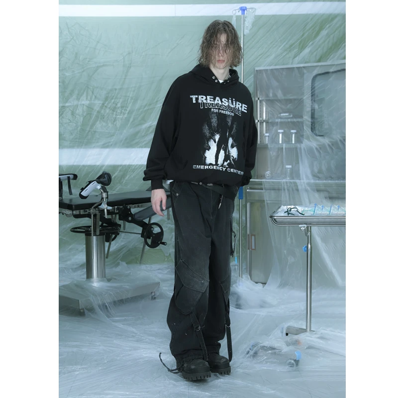 TREclub 23AW水洗做旧印花宽松微喇男女情侣潮流牛仔裤