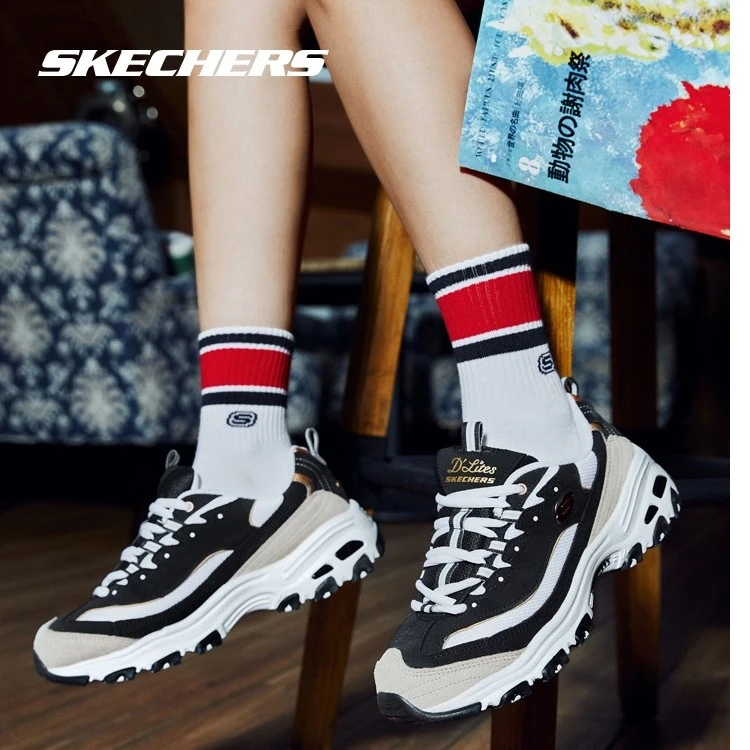 SKECHERS斯凯奇四季熊猫鞋复古厚底黑金66666228