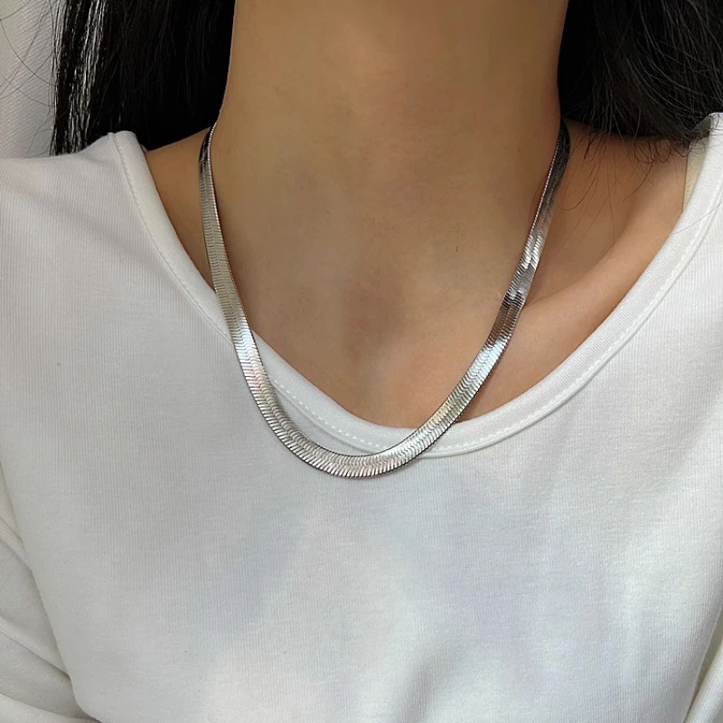 宽边扁蛇骨项链女简约百搭叠戴气质锁骨链ins小众嘻哈颈链