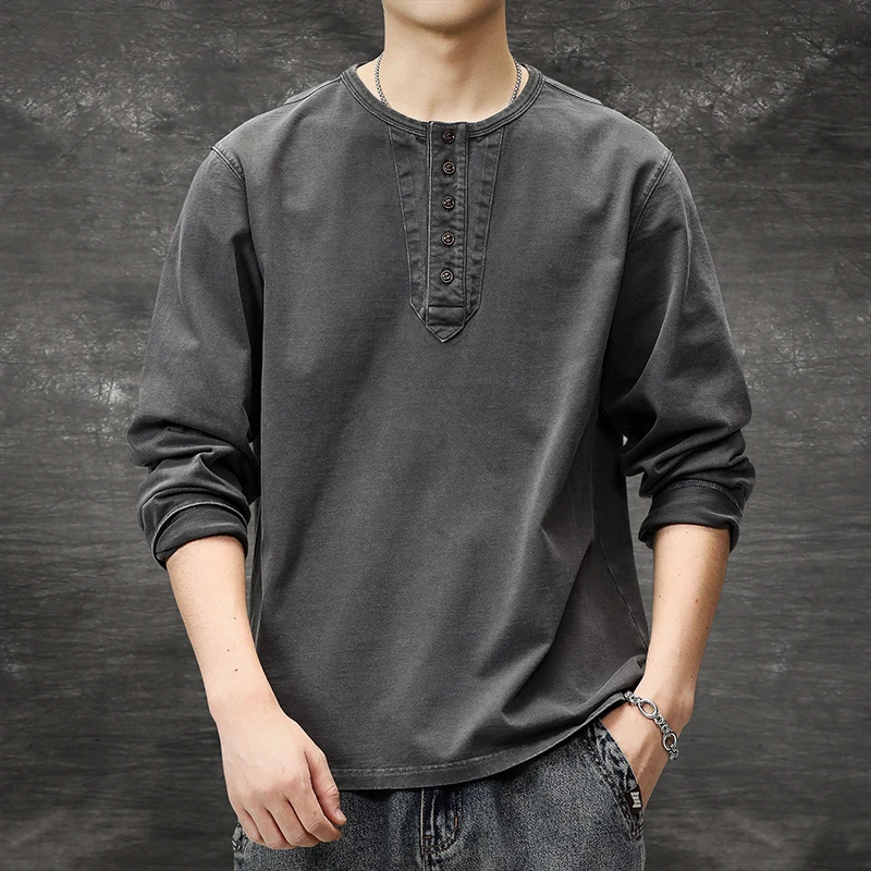 秋冬款复古水洗长袖T恤男简约百搭宽松圆领舒适休闲打底上衣潮流