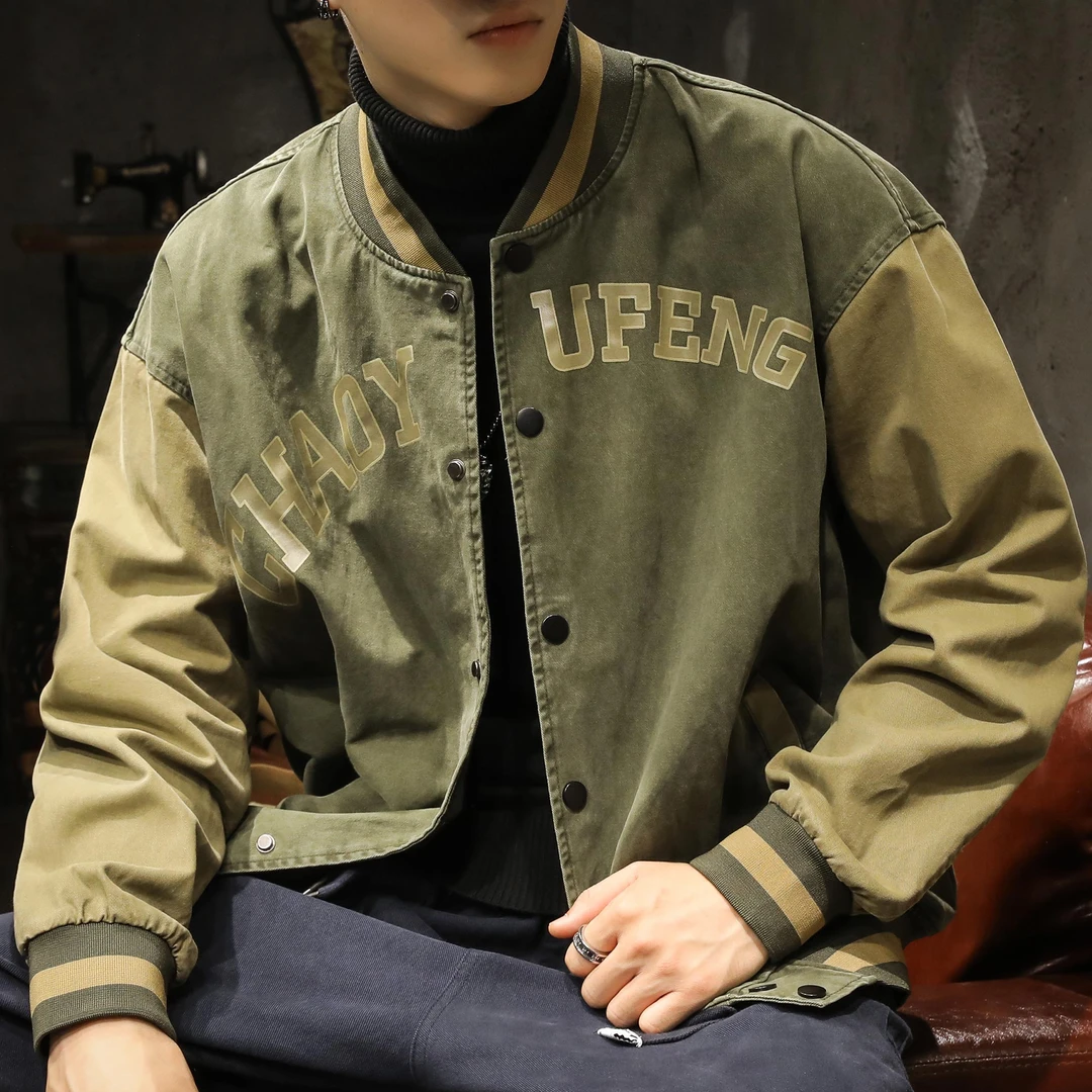 春秋款棒球服外套男加绒秋冬款美式潮牌复古男士休闲夹克大码男装