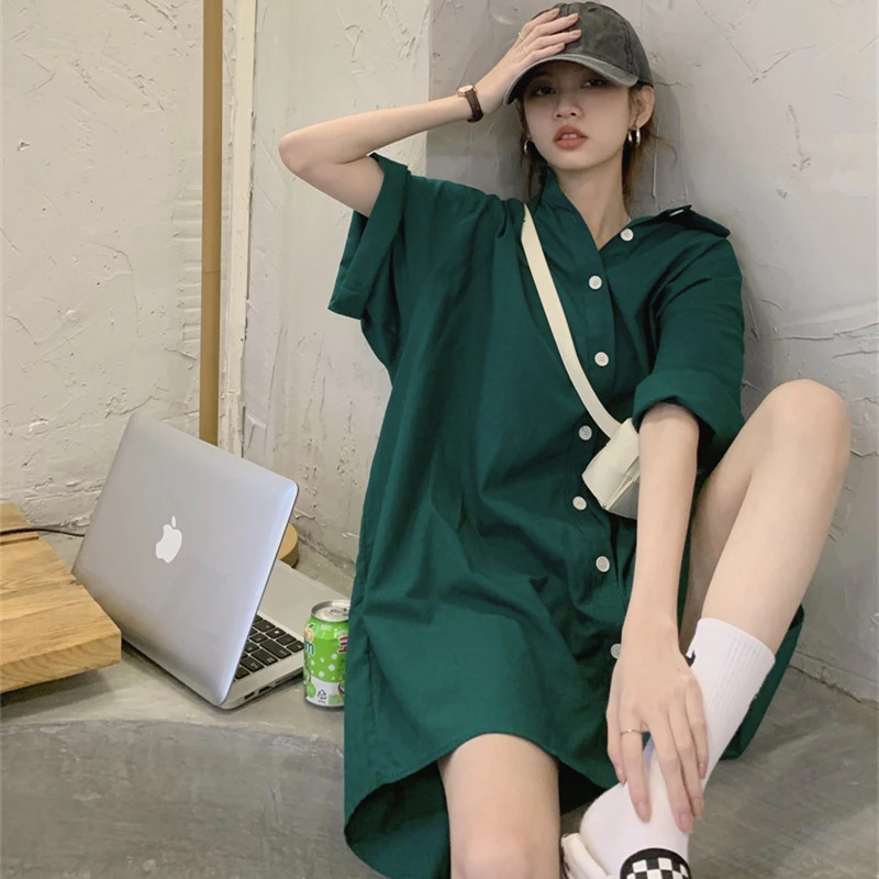 深绿色短袖衬衣裙女夏季新款宽松百搭显瘦棉麻中长款下衣失踪衬衫