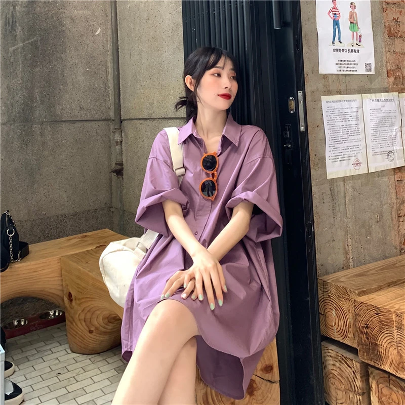 港味夏季新款廓形宽松大码下衣失踪衬衣裙百搭短袖中长款衬衫女潮