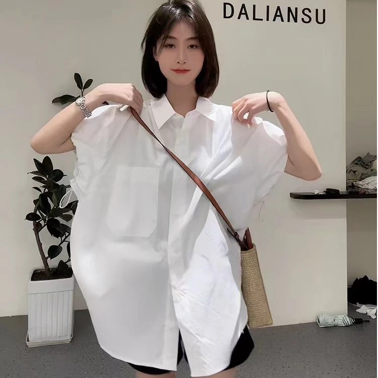 设计感小众花苞袖白色衬衫女夏新款时尚百搭宽松显瘦遮肚轻奢衬衣