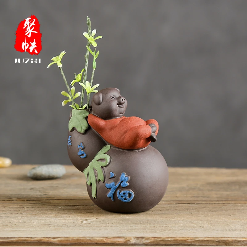 茶具配件小猪水培花瓶创意茶盘茶桌花器紫砂猴子茶宠精品摆件可养