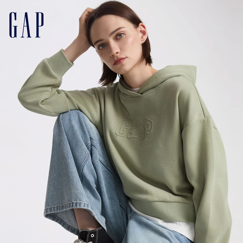 Gap女装潮流春季新款小熊logo纯色连帽衫重磅宽松卫衣 DR 640312