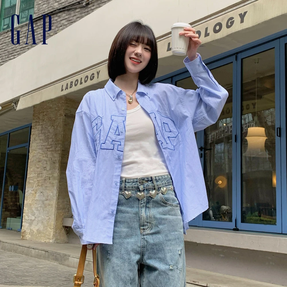 成毅代言Gap男女装纯棉翻领条纹长袖衬衫宽松廓形上衣 DR 461250