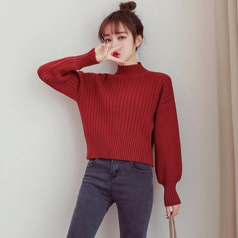 半高领毛衣宽松女慵懒风小香风短款高腰针织上衣女长袖加厚打底衫