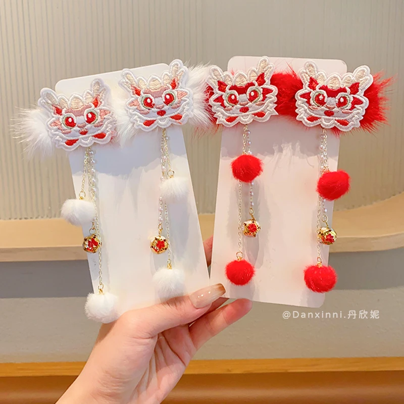 儿童红色过新年醒狮发夹流苏2023秋冬新款女童古风对夹侧边夹发卡
