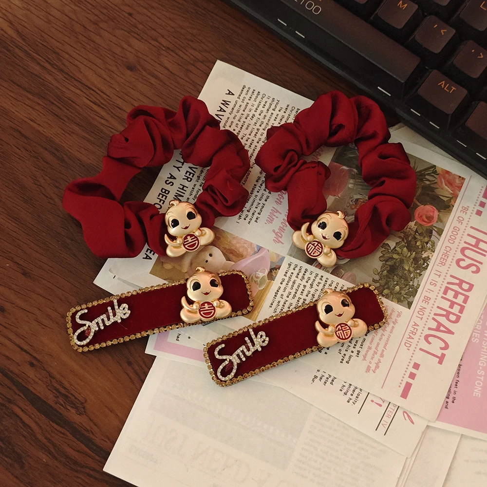 丝绒红发夹头绳新年发饰2025红色蛇年生肖侧边夹刘海夹发圈头饰