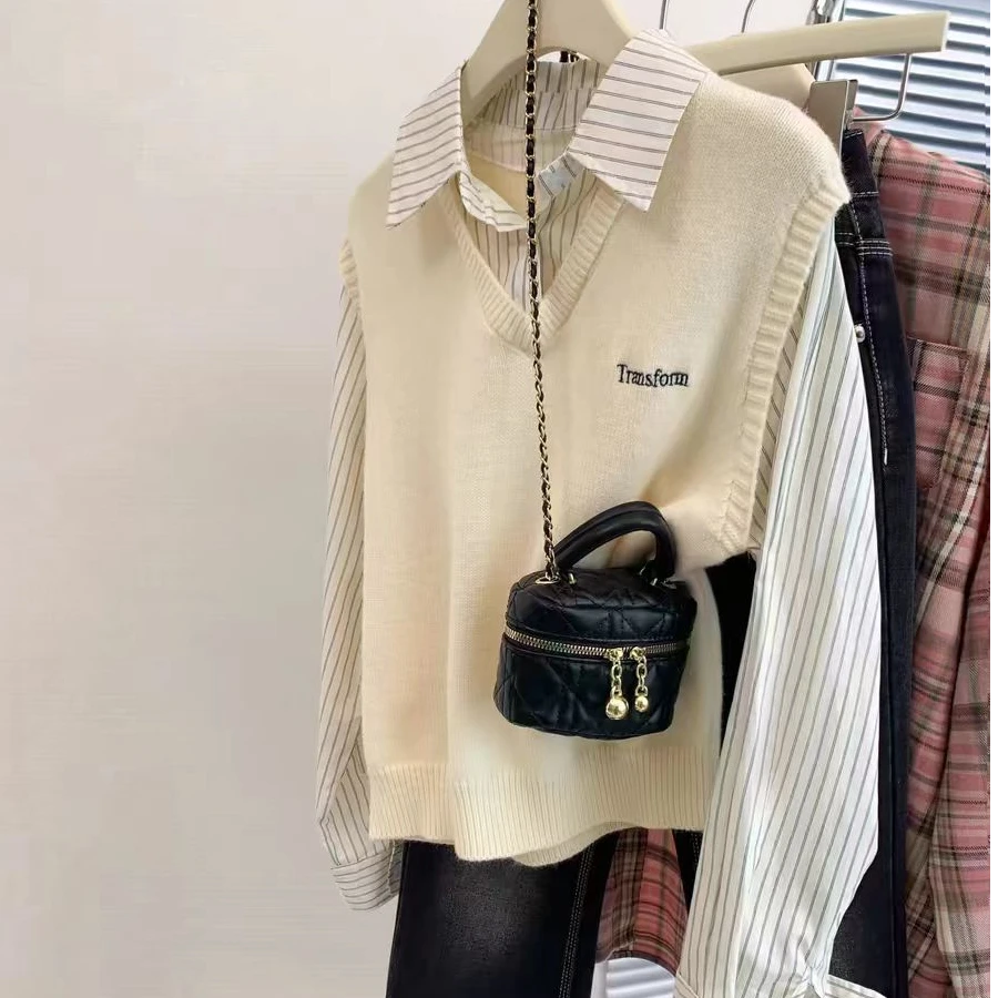 韩版洋气减龄衬衫拼接针织衫女秋冬新款时尚设计感假两件长袖上衣