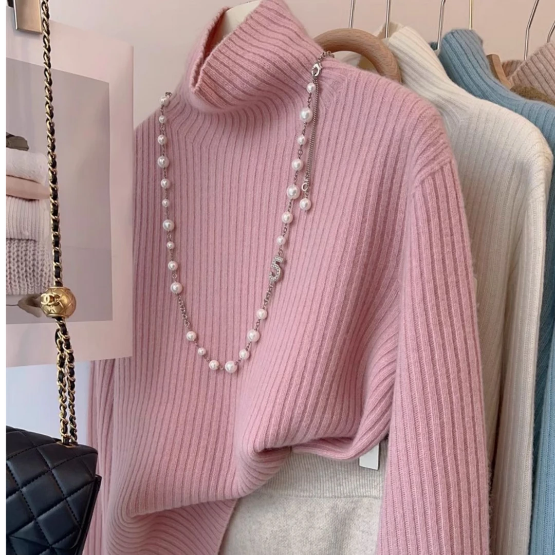 粉色毛衣女秋冬加厚内搭2024新款爆款高领打底衫堆堆领针织衫上衣