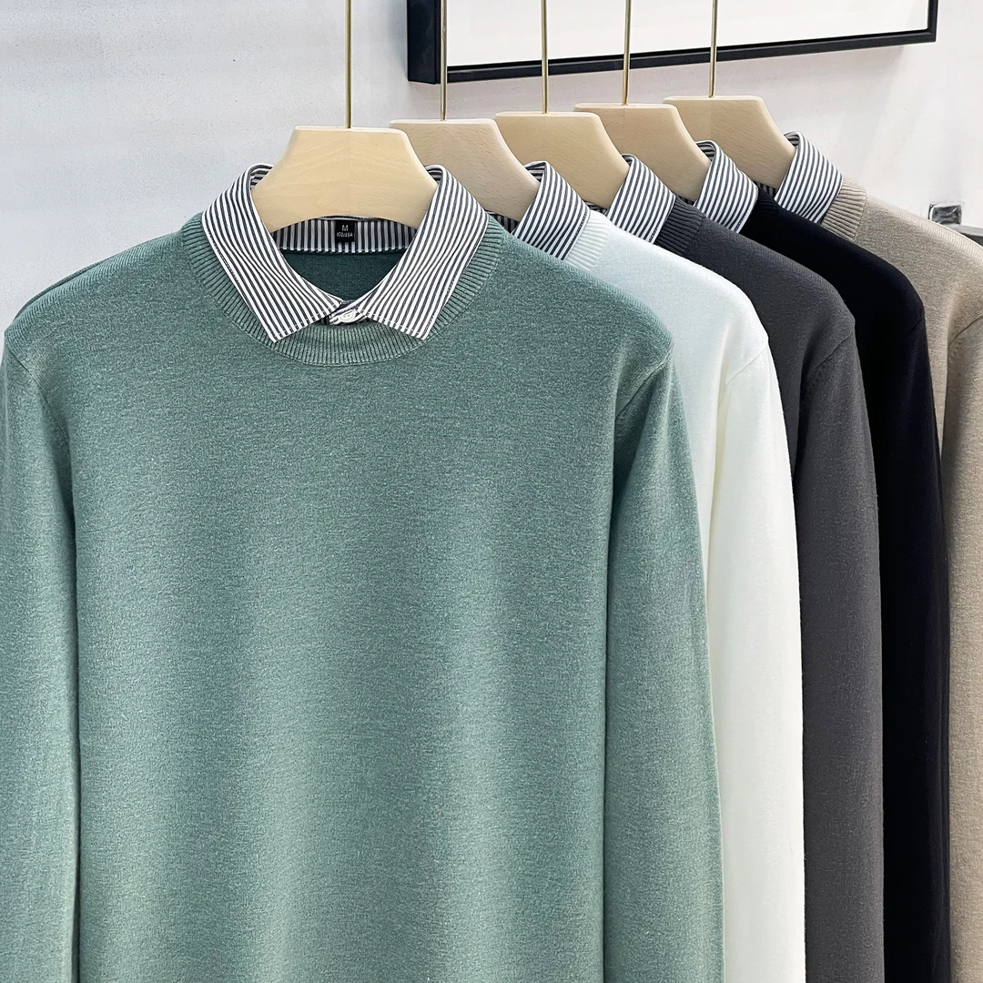 新款假两件毛衣男潮流商务休闲百搭衬衫领针织打底衫毛线衣男秋季