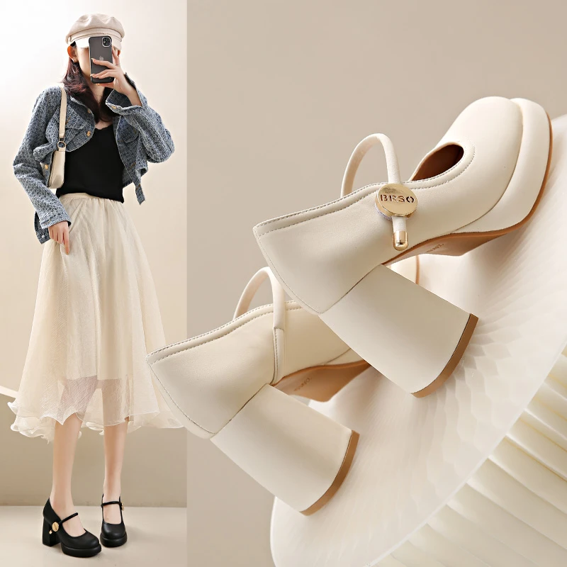 2025新款春秋气质时尚软皮复古玛丽珍浅口百搭高跟粗跟厚底单鞋