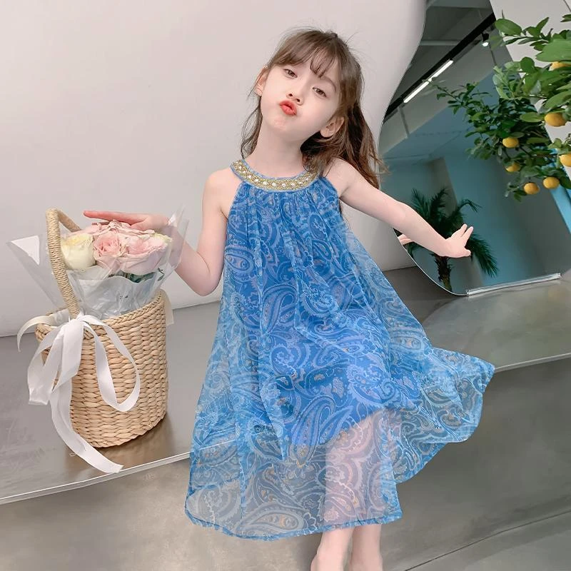 女童连衣裙夏装儿童挂脖公主裙洋气小女孩夏季薄款纱裙度假吊带裙