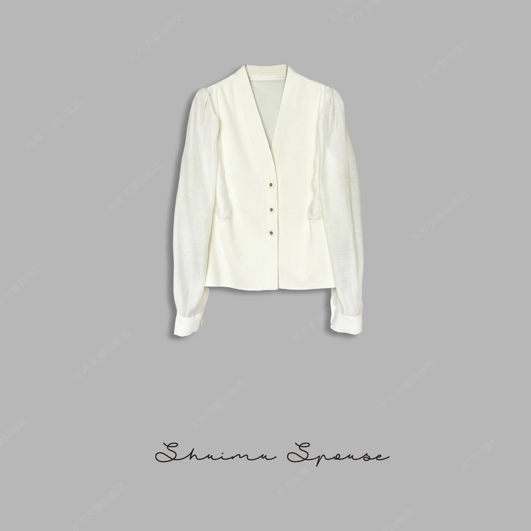 柜柜设计款香风纱袖拼接上衣