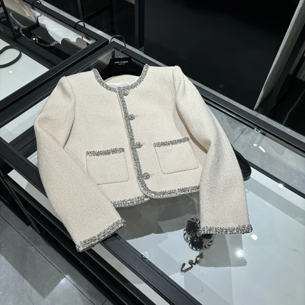 高级时装 24年早秋新款手工钻石花边甜美风双口袋四扣粗花呢外套