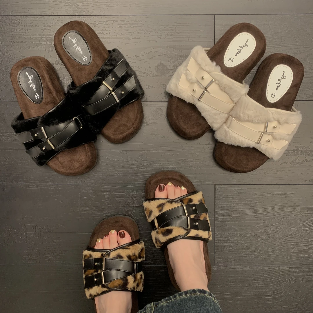 2024年秋冬毛毛外穿休闲百搭一字面豹纹毛毛拖鞋7783