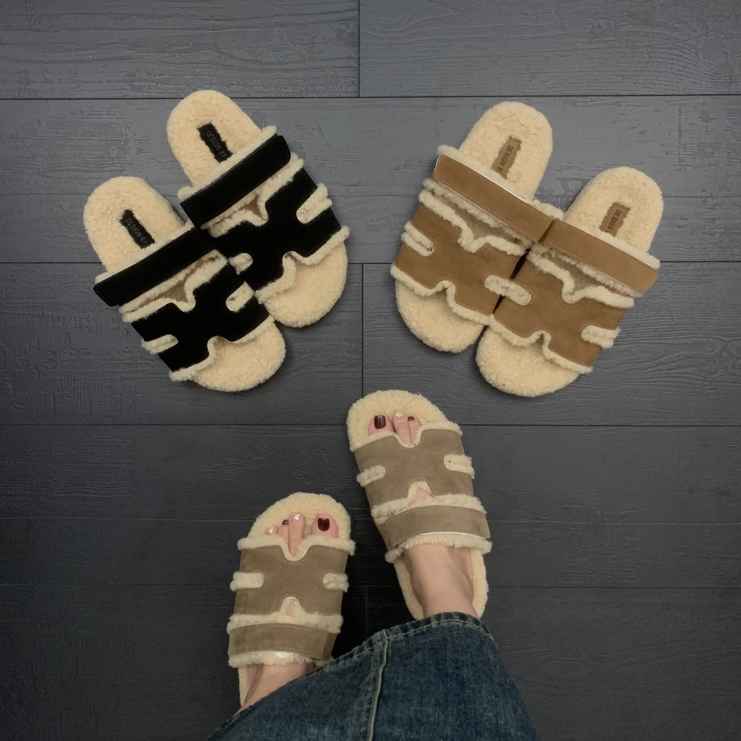 毛毛拖鞋女外穿2025新款秋冬加绒羊羔毛网红勃肯明星同款百搭鞋子