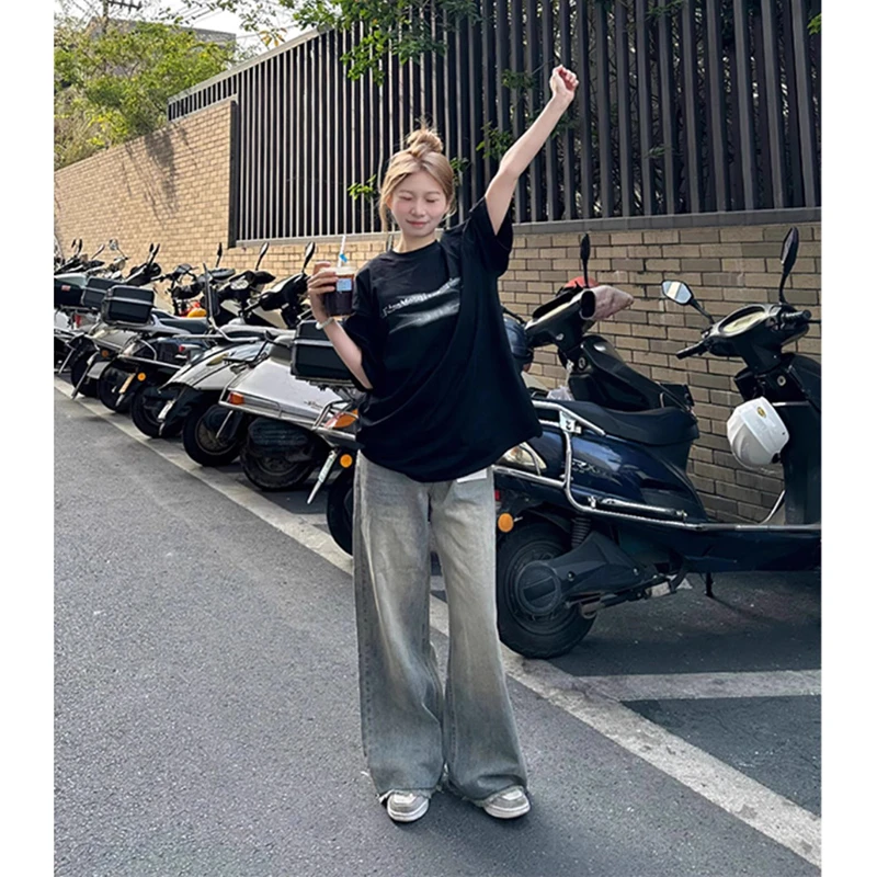 美式高街黑色短袖t恤女夏季oversize国潮牌复古宽松高街半袖上衣