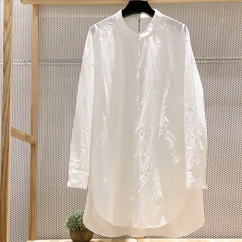 极简洗水梭织棉立领中长款口袋白色简约时尚解扣衬衫衬衣高级感