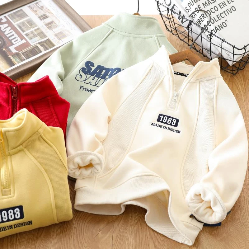 男童加绒卫衣儿童半拉链保暖上衣加厚中大童半高领打底衫秋冬款潮