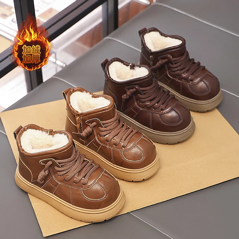 女雪地靴男拉链童鞋风格平跟鞋子高帮套筒冬季女童