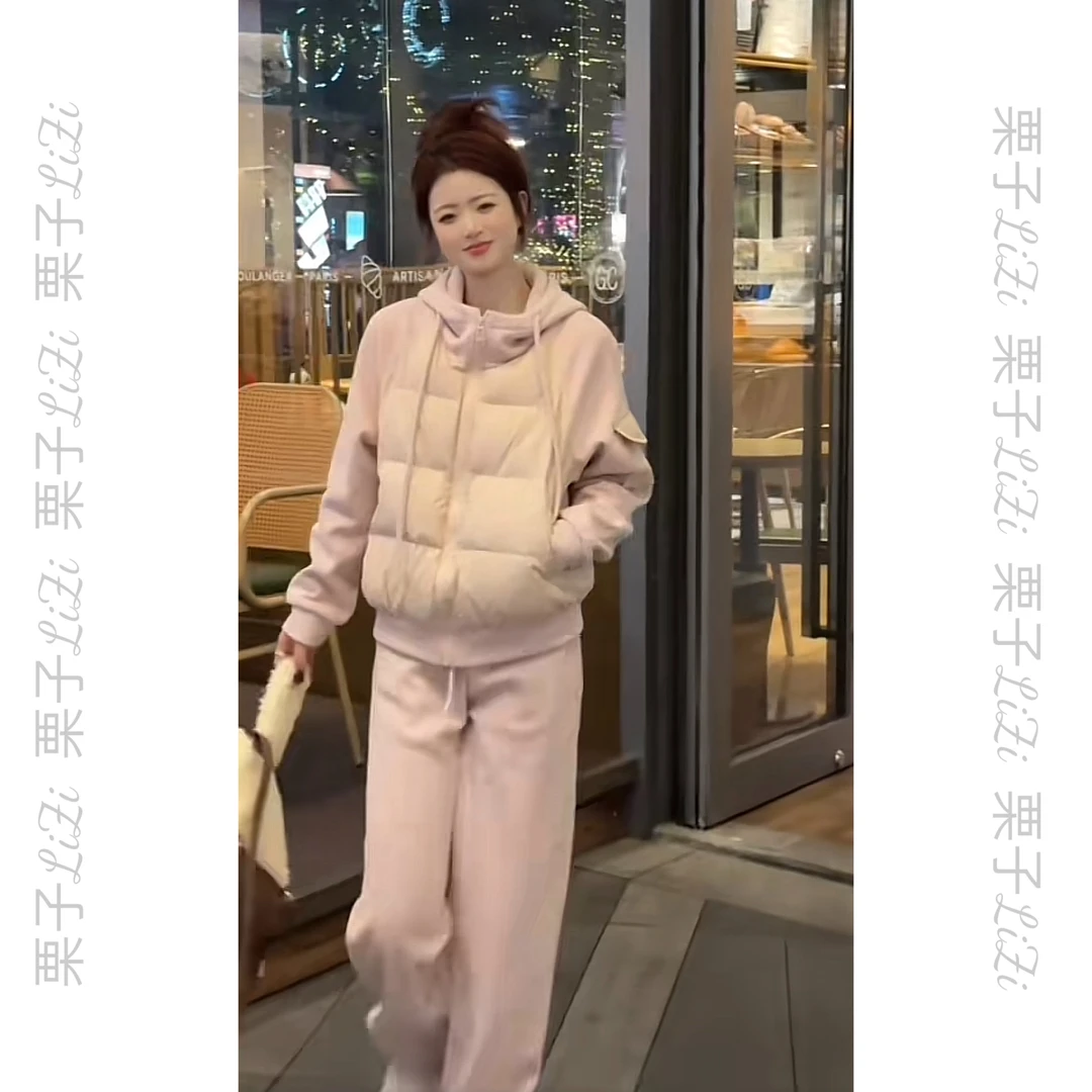 【时尚暖炉】LM设计师冬装新款羽绒服卫衣外套+加绒裤子套装#008