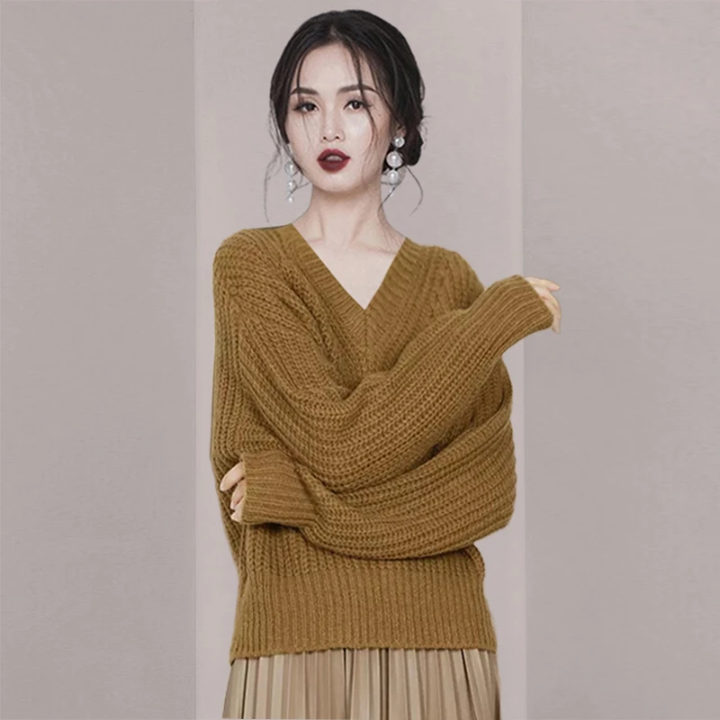 高级感气质V领棕色毛衣女春秋季2024年新款修身打底针织衫上衣