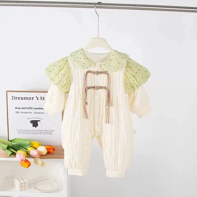 春季韩系婴儿衣服新生儿碎花连体衣双层周岁满月女宝宝外出服爬衣