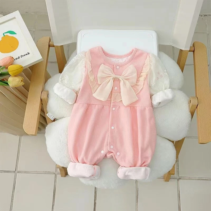 新款婴儿满月百天婴儿衣服春秋连体衣女宝宝可爱超萌公主哈衣