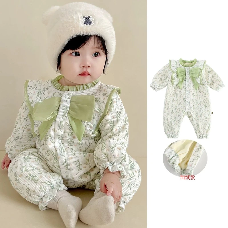加绒婴儿衣服秋冬装连体衣女宝宝超萌百天公主哈衣冬季保暖外出服