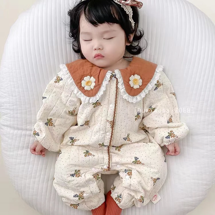 婴儿薄棉连体衣秋冬款加棉新生儿衣服哈衣满月宝宝秋冬装夹棉可爱