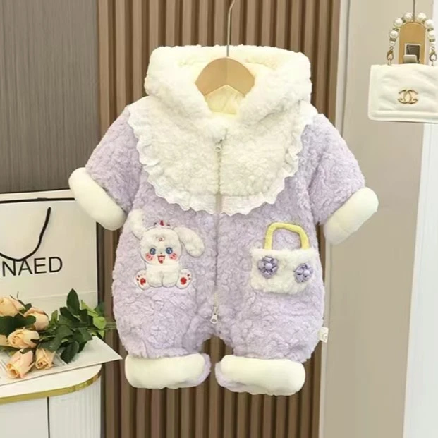 婴儿连体衣加厚冬装新生儿衣服抱衣女宝宝冬装加绒夹棉连帽外出服