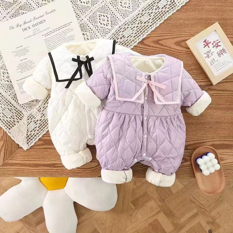 婴儿连体衣冬季薄棉新生儿衣服保暖棉袄外套女宝宝夹棉哈衣公主风