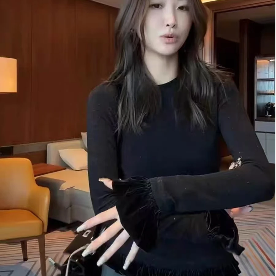 〖猫姐衣橱〗秋冬新款满钻拼丝绒木耳花边弹力上衣81033