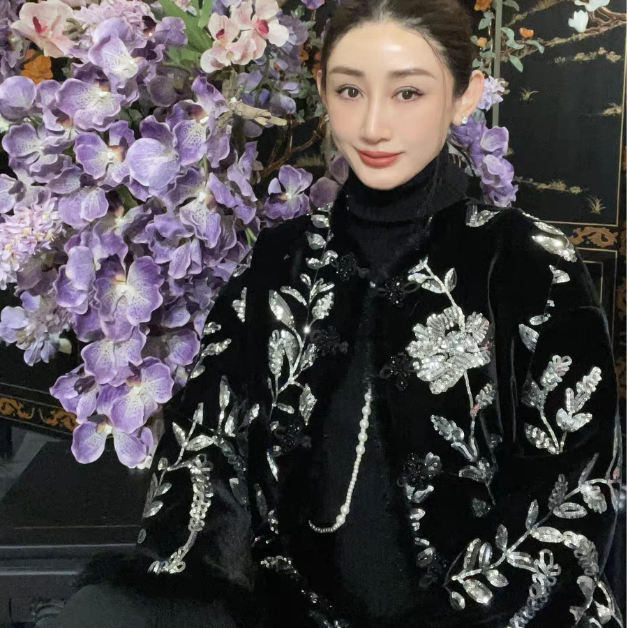 〖猫姐衣橱〗秋冬新款高端丝绒刺绣亮片毛毛棉服31119