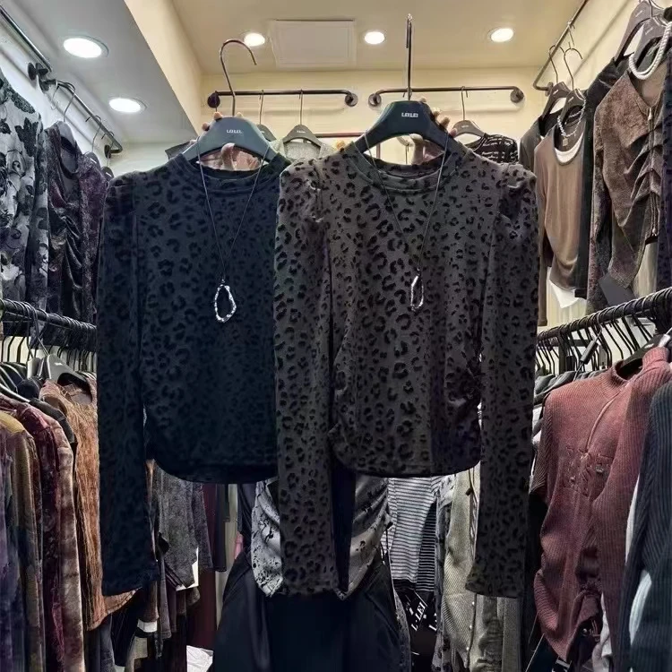 〖猫姐衣橱〗秋冬新款加厚螺纹垫肩豹纹弹力上衣81108