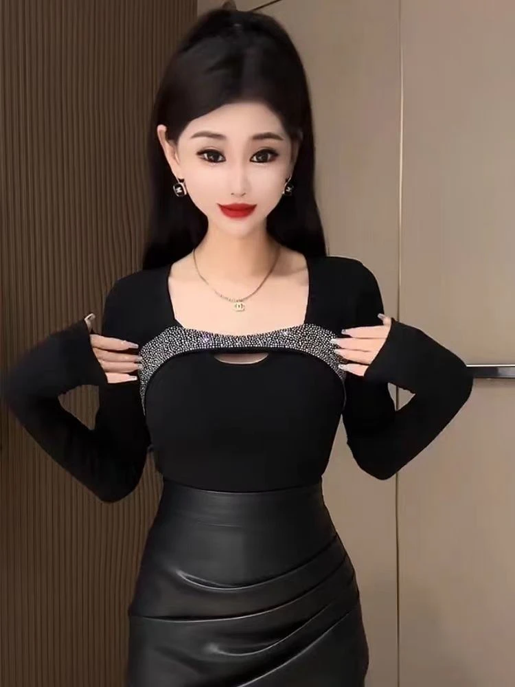 〖猫姐衣橱〗秋冬新款时尚满钻加绒打底上衣