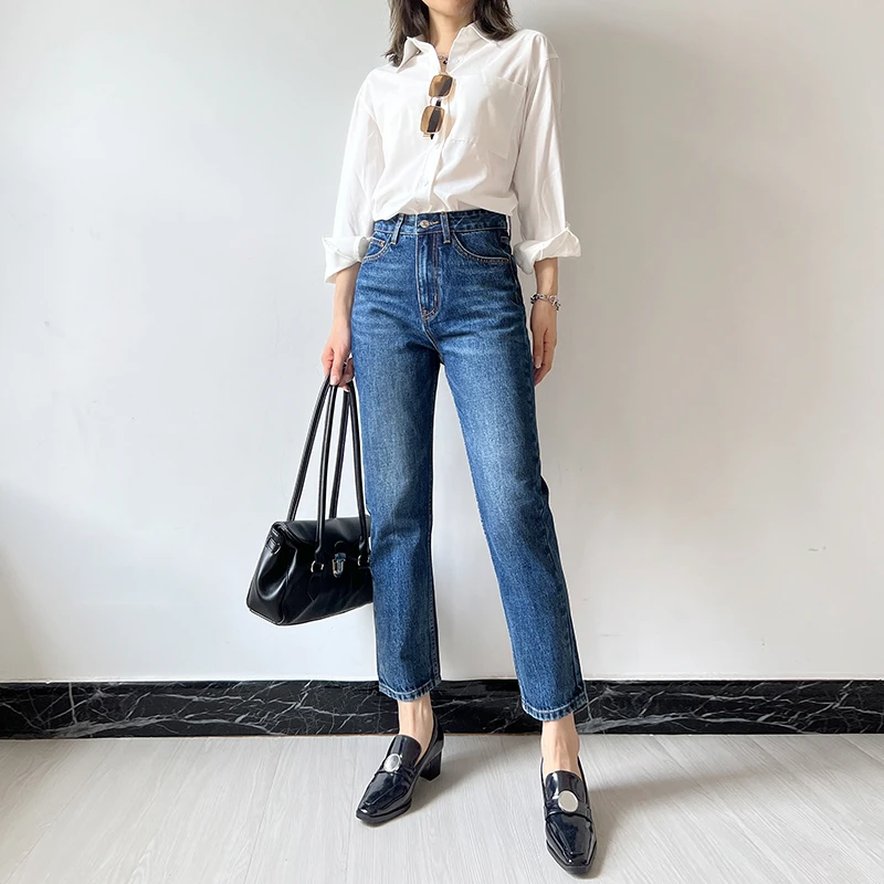 左唐无弹力小直筒牛仔裤女春秋新款宽松显瘦法式九分小个子烟管裤