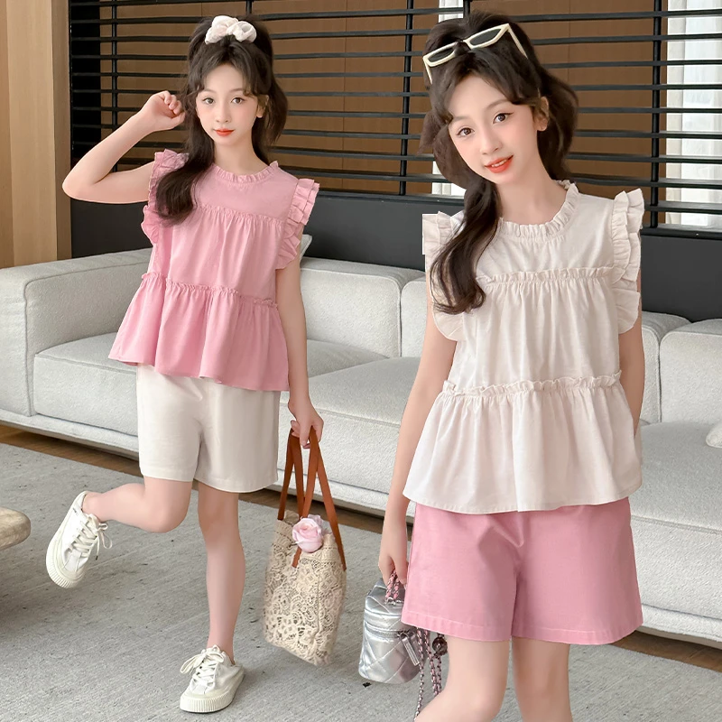 女童夏装娃娃领无袖套装2024新款儿童韩版洋气时髦休闲短裤两件套
