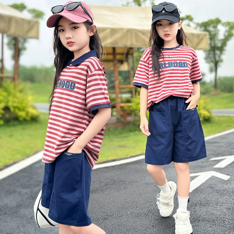 女童夏季百搭条纹短袖套装2025新款洋气儿童夏装时尚女孩薄款短裤