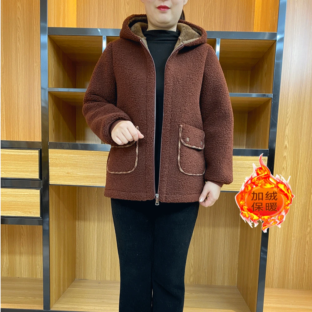 妈妈装冬款 时尚连帽颗粒绒加绒加厚外套 90-165斤 A28061洋气