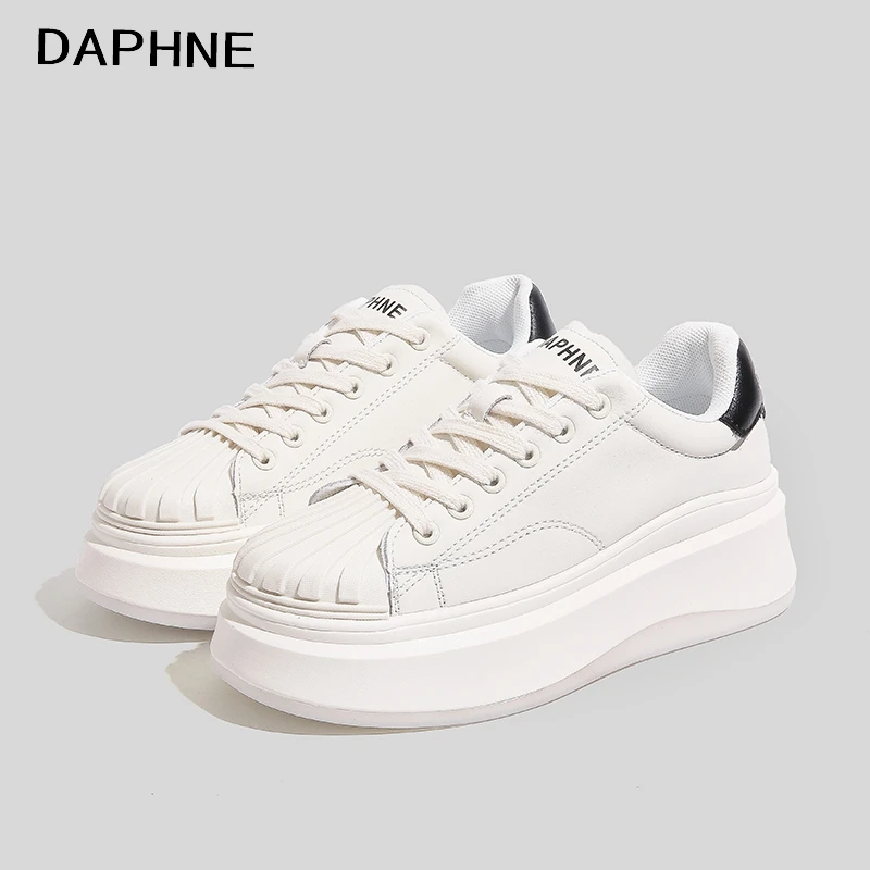 Daphne/达芙妮2024夏季贝壳头小白鞋厚底增高真皮百搭系带女鞋ins