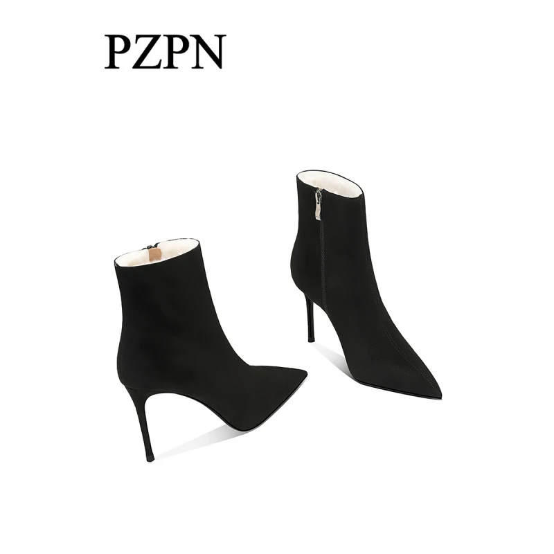 黑色绒面兔毛内里高跟短靴女尖头细跟冬季加绒加厚侧拉链瘦瘦单靴