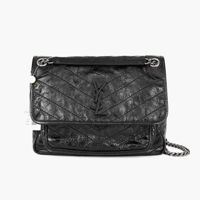 99新 YSL/圣罗兰 Niki黑银牛皮中号/小号单肩手提包